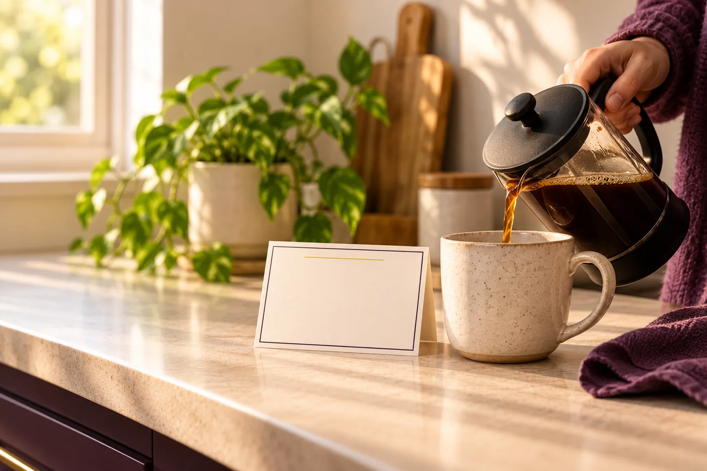 A hand pouring coffee into a mug on a sunlit kitchen counter, with a small card propped beside it
