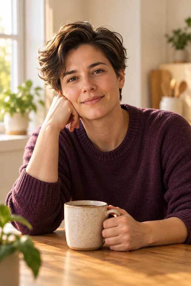 Hollis, the author, sitting at a kitchen table with a mug of coffee