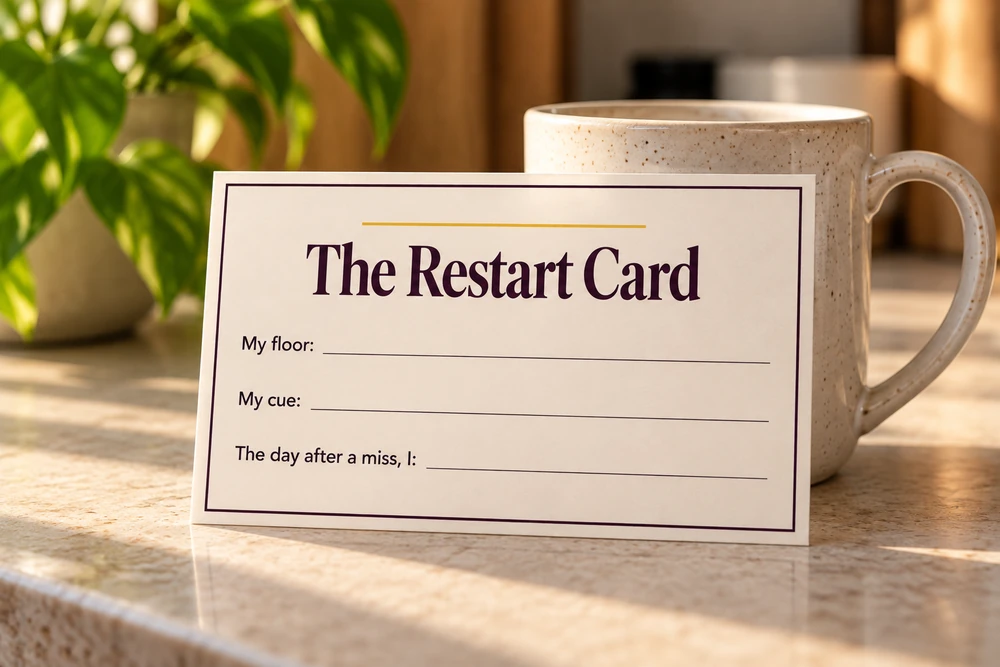 The Restart Card standing on a counter beside a mug, with blank lines for My floor, My cue and The day after a miss, I