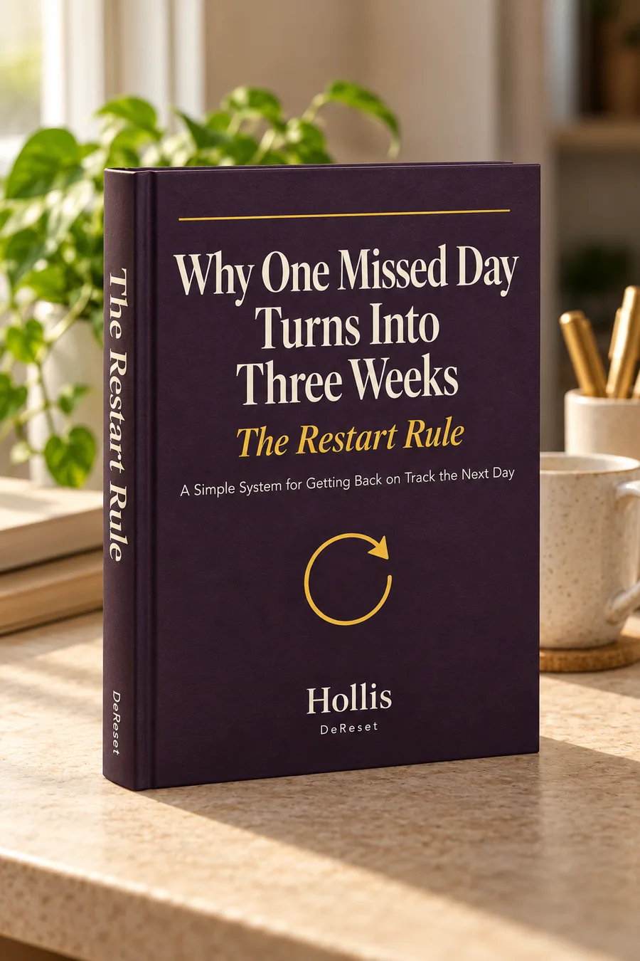 The Restart Rule guide by Hollis, shown as a plum hardcover book on a kitchen counter