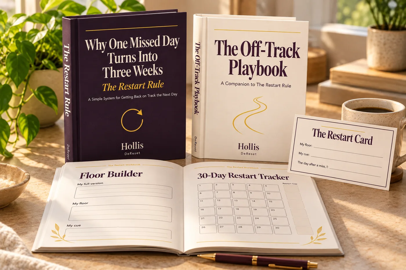Everything in the bundle: The Restart Rule guide, The Off-Track Playbook, The Restart Workbook open to the Floor Builder and Tracker, and The Restart Card