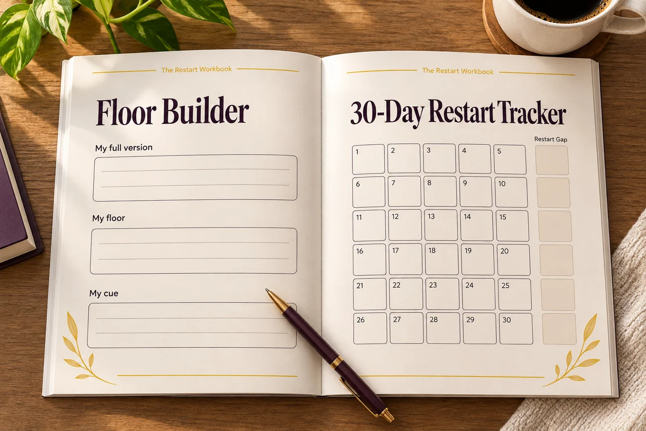 An open spread of The Restart Workbook showing the Floor Builder and the 30-Day Restart Tracker with a Restart Gap column